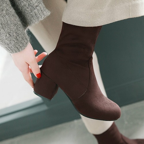 Women's Mid Block Heel Shoes Black/Blue/Brown Suede Fabric Round Toe Ankle Boots - Picture 31 of 31