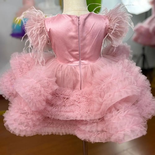Pink Layered Tulle Flower Girl Dress Puffy Baby Kids Birthday Party Ball Gowns - Picture 4 of 12