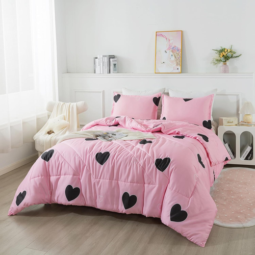 Love Pattern Girls Pink Comforter Set Full Size, Blush Pink Cute Love Heart Sexy - Picture 2 of 12