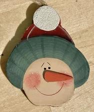 CRAZY MOUNTAIN HAND PAINTED WOOD SNOWMAN HEAD ORNAMENT!