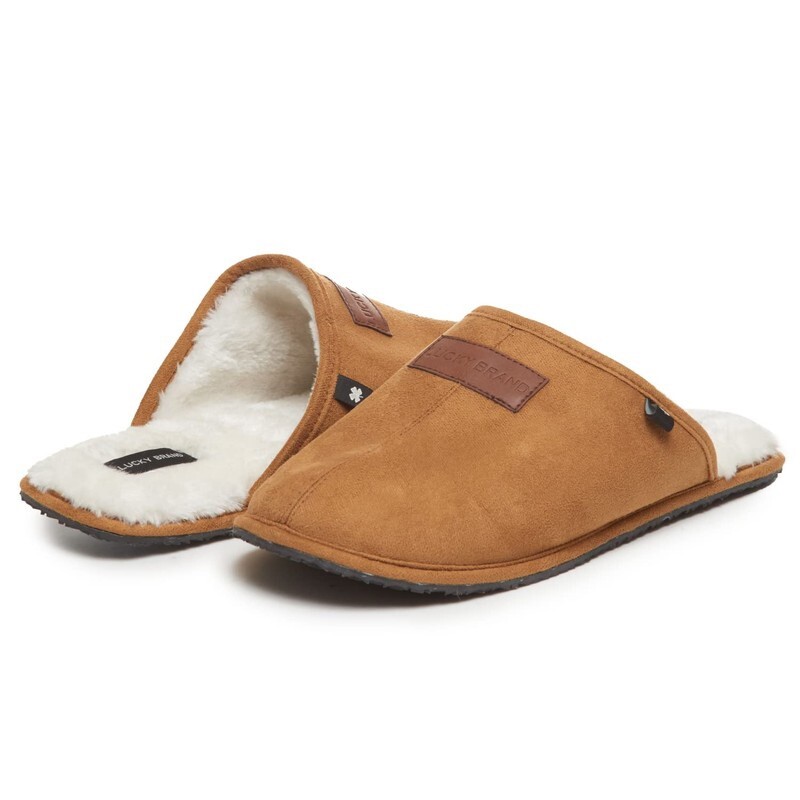 Lucky Brand Men's 7-8 Small Micro Suede Memory Foam Slippers Plush Lining Tan