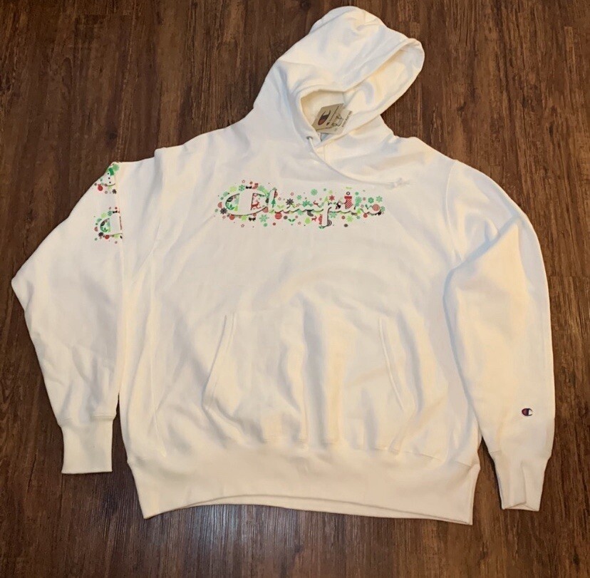 NWT Champion Hoodie Holiday Graphics Reverse Weave Ivory Men's 2XL