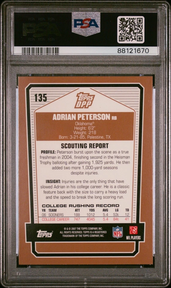2007 Topps Draft Picks & Prospects ADRIAN PETERSON rookie RC PSA 8 Low Pop 23 - Image 2 of 2