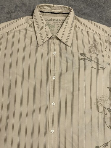 Quicksilver Mens Size MD Long Sleeve Shirt Off White Stripe Button Up - Picture 2 of 7