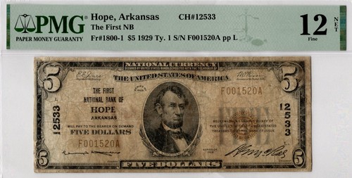 1929 $5 Hope Arkansas National Bank Note Currency CH# 12533 PMG F12