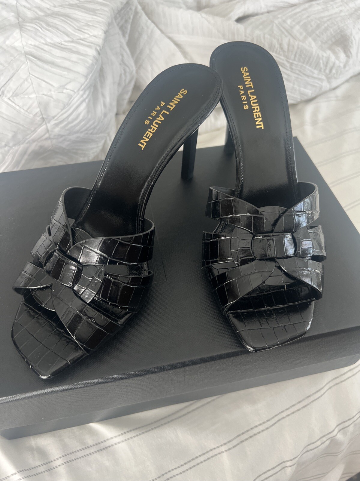 Nuovo con scatola Saint Laurent Faux Croc pelle Mule 85 tacco