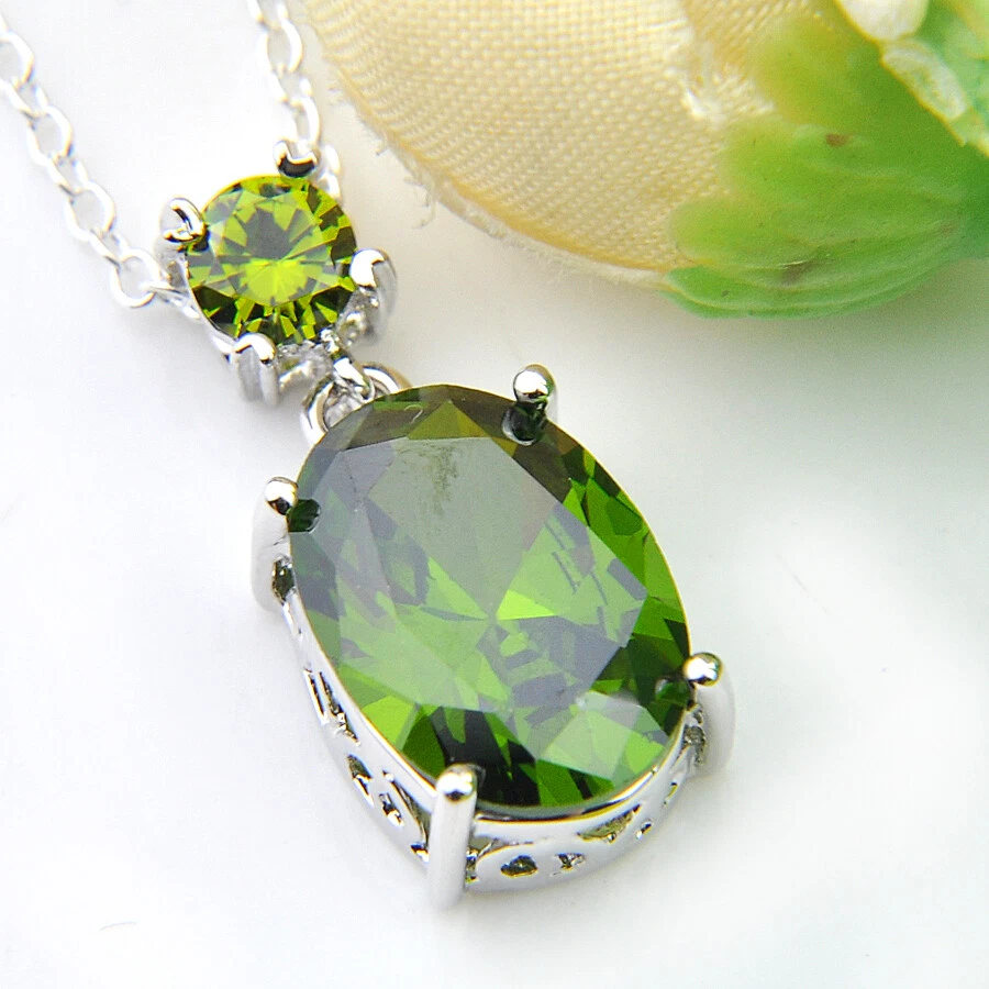 Mejor Joyería Regalo Corte Ovalado Topacio Verde Gemas Plata Collar Colgantes Foto 3 de 4