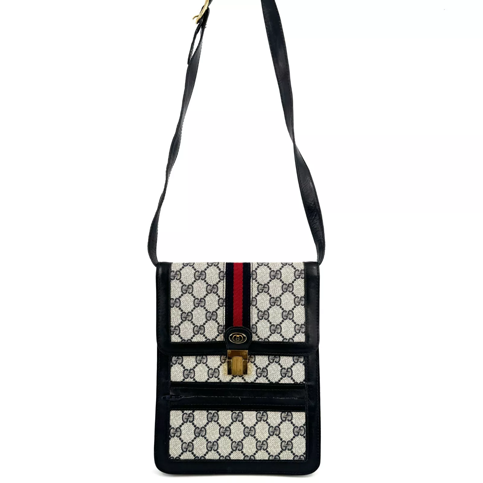 VINTAGE GUCCI Sac à bandoulière Sherry Line PVC GG Supreme Navy authentique