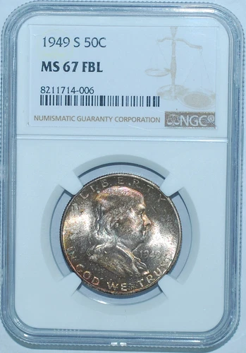 1949 S NGC MS67FBL Full Bell Lines Franklin Half Dollar Mint Set Toned