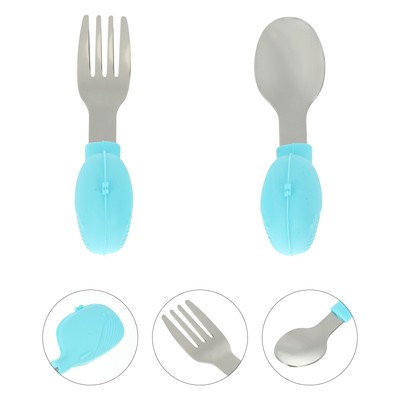 2pcs Baby Tabelle Geschirr Silikon Edelstahl Cartoon Löffel Geschirr