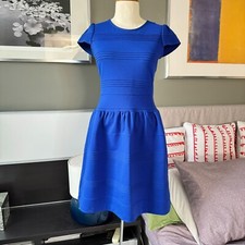 - Anthropologie Girls From Savoy Flare Skirt Dress Pintucked Blue ZERO