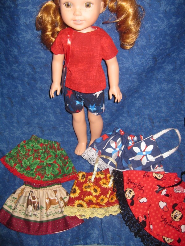 11 Piece Assortment For 14.5" Wellie Wisher Doll, 5 Skirts, Shirt, Shorts, Purse