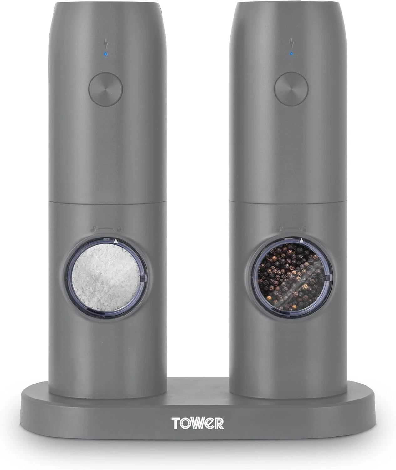 Tower Rechargeable Electric Salt and Pepper Mill Set with Charging Base Grey