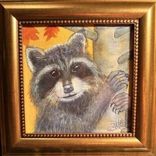 ORIGINAL Watercolor 5x5 Golden Framed Elegant Snickers The Raccoon Decor Animal