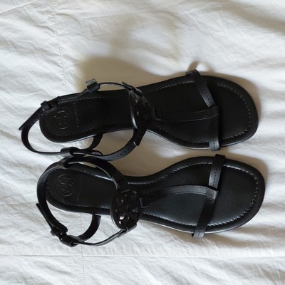 Tory Butch Miller T-Strap Black Leather Sandals Women s Size 8 Logo EUC #871