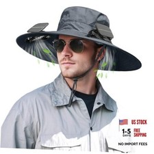 Solar Powered Fan Hat for Men Women Wide Brim Hat with 2 Fans UPF One Size Gray