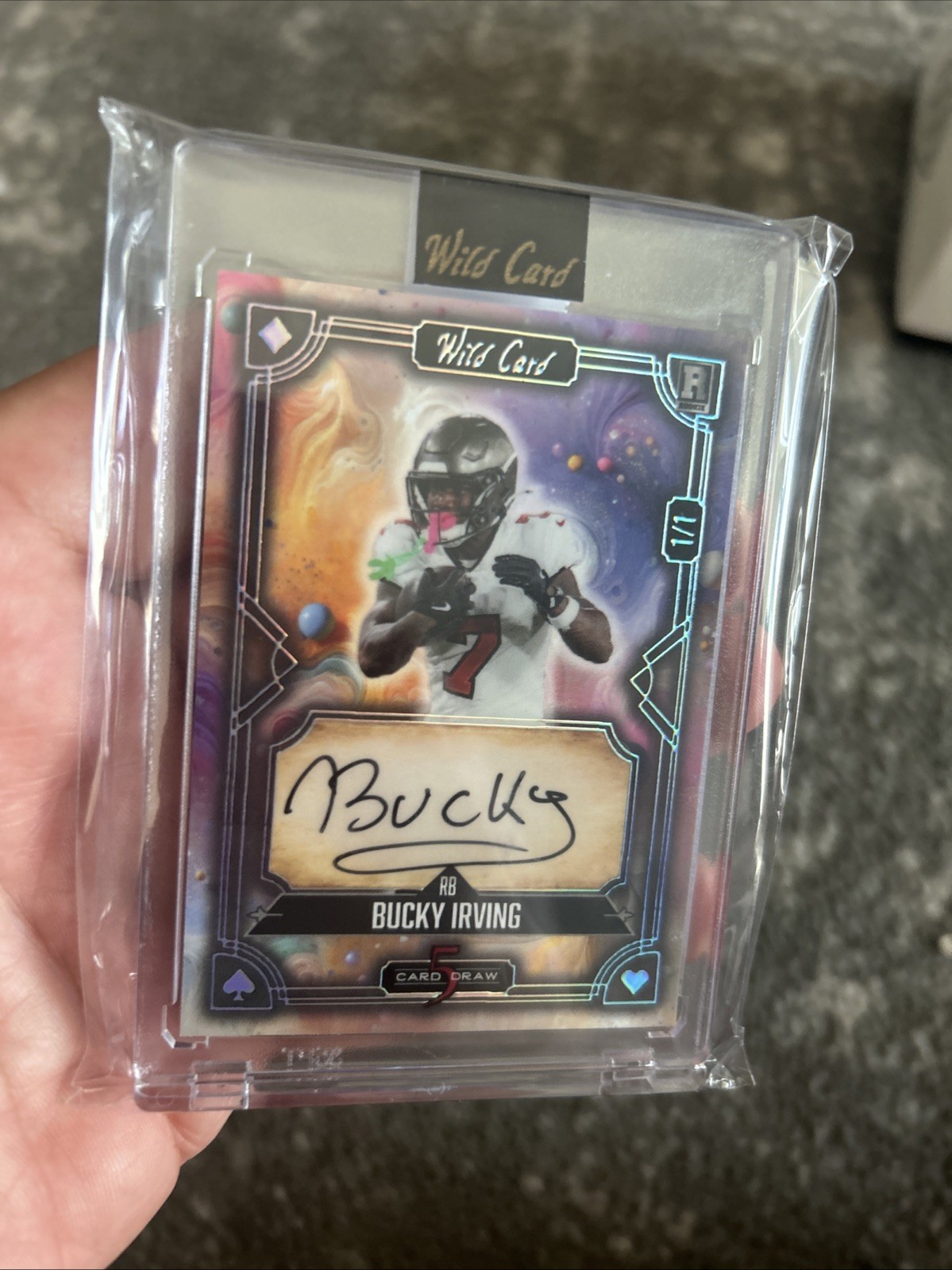 2025 Wildcard 5 Stacked Deck Bucky Irving 1/1 Auto SSP Case Hit view 2