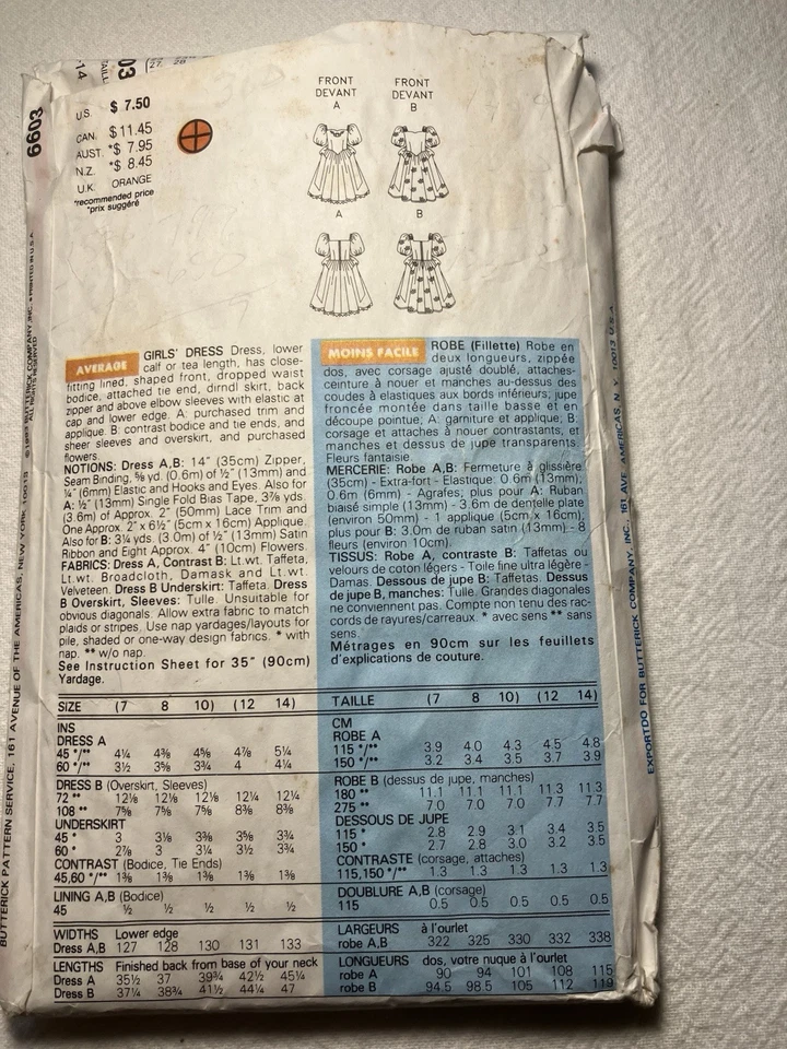 Vintage Butterick Pattern 6603 Flower Girl Party Dress First Communion UNCUT - Image 2 of 2