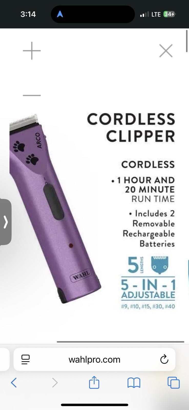 Wahl Arco Cordless Pet Clipper Kit Purple Cat Dog Horse Equine Large Animals
