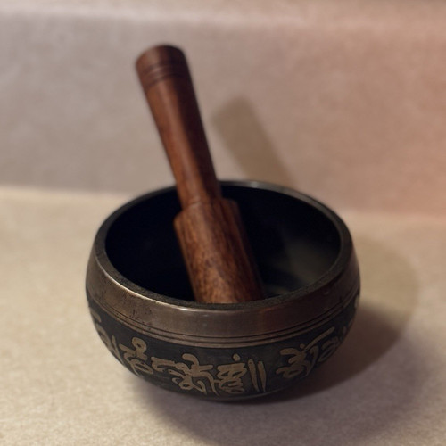 Engraved Metal Singing Bowl 3 in with Wooden Mallet Striker, 2-Piece Set