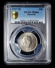 PCGS MS64 1927-H Sarawak 10 Cents KM-16. - rare high grade!!
