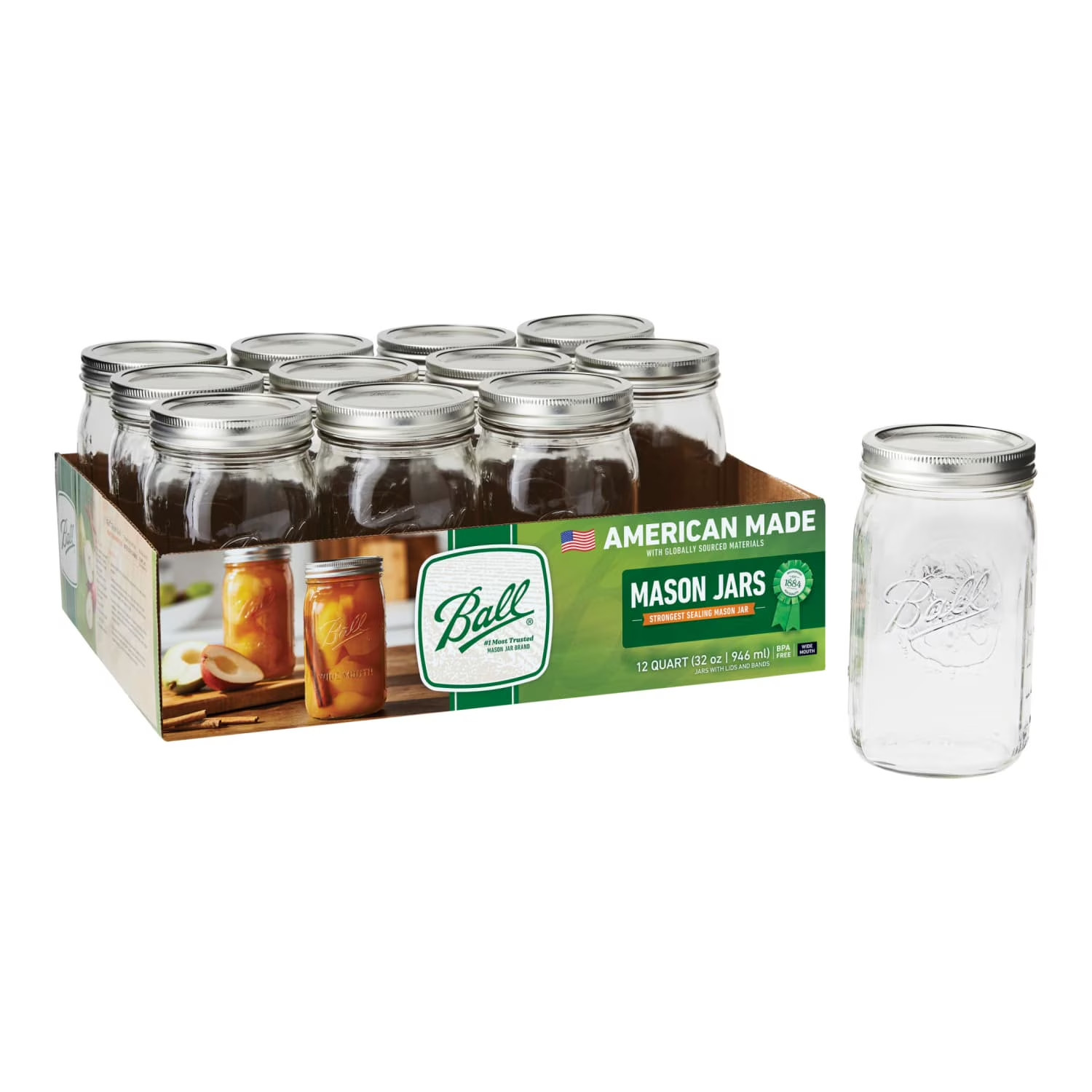 Wide Mouth Quart 32Oz. Glass Mason Jars with Lids and Bands,