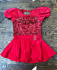 Girls Red Sequin Short Sleeve Skirted Leotard Dance Costume Polyester XXLC