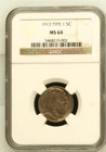 1913 Type 1 Buffalo Nickel – NGC MS64 – First‑Year Issue – Choice Mint State