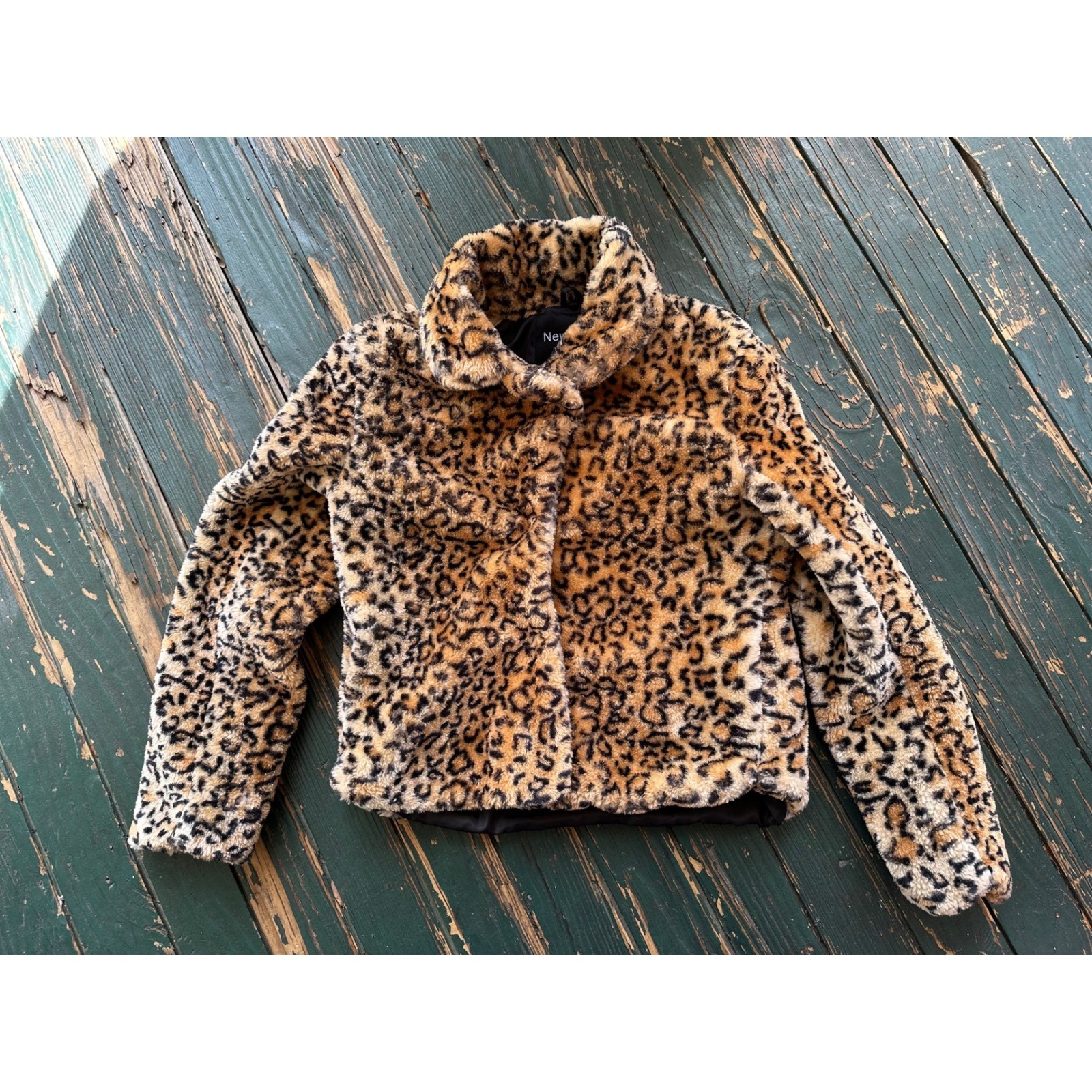 New Look Womens Leopard Print Faux Fur Jacket Brown Tan Animal Pattern Large