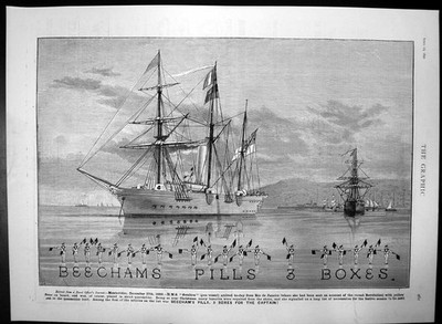 Antiker alter Druck Buchen Pillen geschickt Hms Schwalbe Gelbfieber an Bord 1890