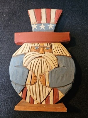 Primitive Americana Uncle Sam Hand Carved Wood Folk Art Decor