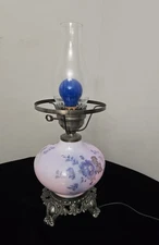 Vtg 15" Gone With The Wind Floral Blue Hurricane Glass Double Globe Lamp NO TOP