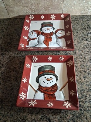 Set of Two Hand-painted St. Nicholas Square Yuletide Ceramic Snowmen Plates
