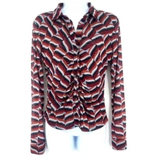 Retro Button Front Womens Top Sz M So Good For Life Mesh Ruching Geo Print 70s