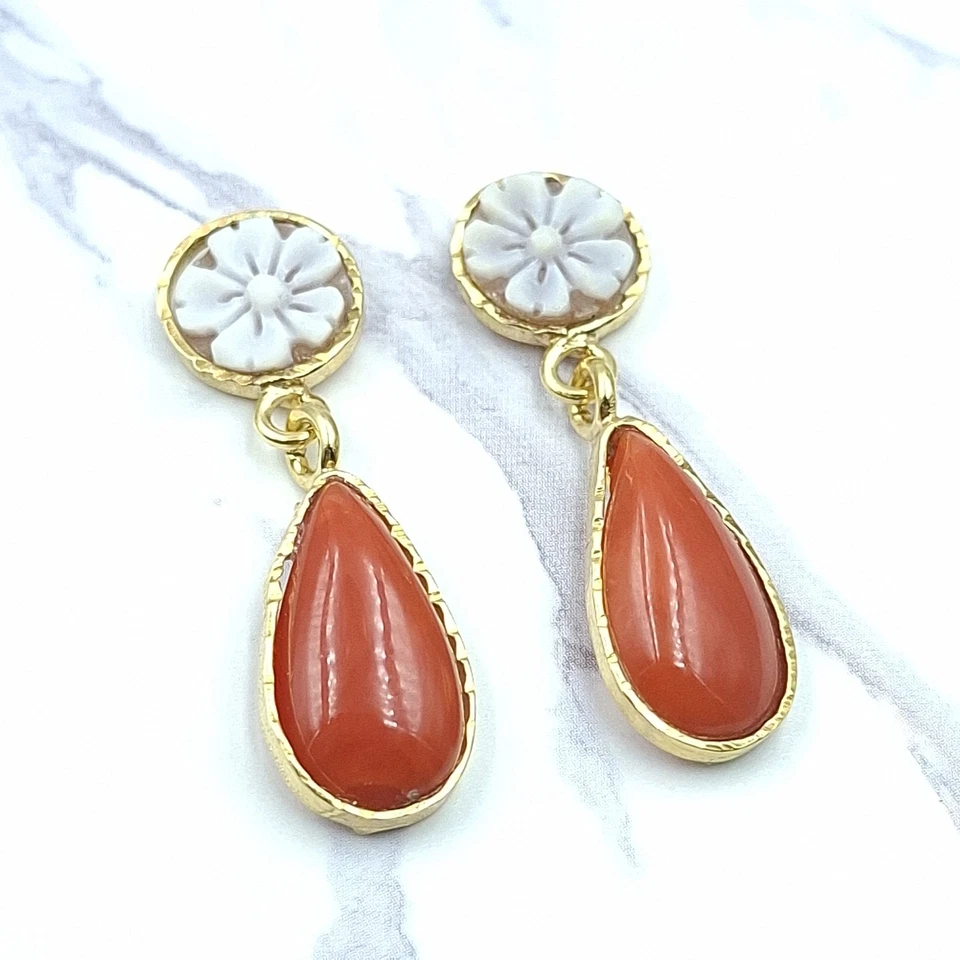Antichi Orecchini A Goccia Cameo Corallo Sardegna Rosso Bottoni Argento 925 Oro - Immagine 4 di 4