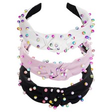 3 PCS Pearl Knotted Headbands Black White Pink Jeweled Embellished Gem