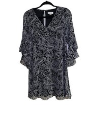 Calvin Klein Dress Womens Size 6 Black White Paisley Shift Knee Length Flutter