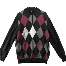 Club Room Pima Cotton 1/4 Zip Sweater Mens L Black Burgundy Argyle Print
