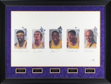 Lakers Legends (5) Chamberlain Jabbar Johnson Signed & Framed 22x39 Litho BAS 1