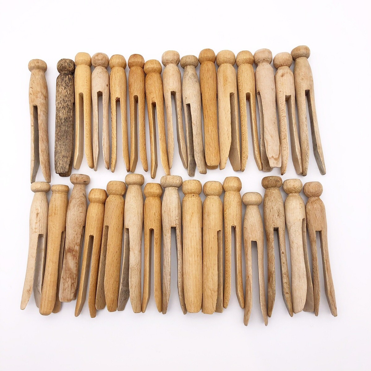30 Vintage Wooden Clothes Pins Round Body And Head Flat Top Craft A135 | eBay