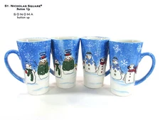 St. Nicholas Square BUTTON UP 16oz Latte Mug Set 4Pc Snowman Family Tree Sonoma