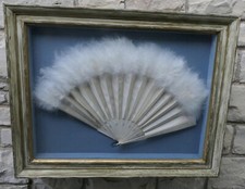 ANTIQUE HAND FAN SILK OSTRICH FEATHERS WITH CARVED HANDLES HANDMADE FRAMED