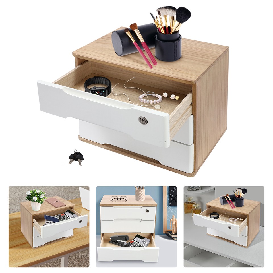 Wooden Desktop Storage Box, Desk Organizer, Desktop Box with Lockable ...