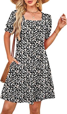 cute summer dresses with pockets RUMIA Summer Dresses for Women 2025 Casual Cute Square Neck Puff Short Sleeve Dress with Pockets (Black S) at Amazon Women's Clothing store