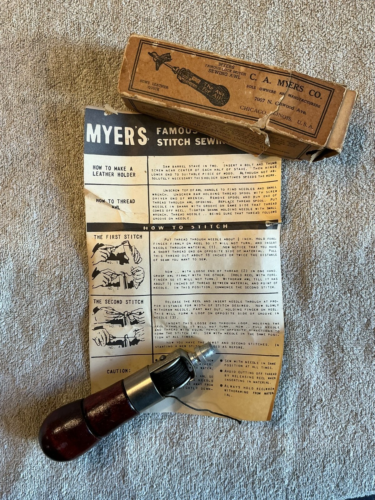 Vintage C.A. Myers Lock Stitch Sewing Awl for Leather w/Box, Instructions