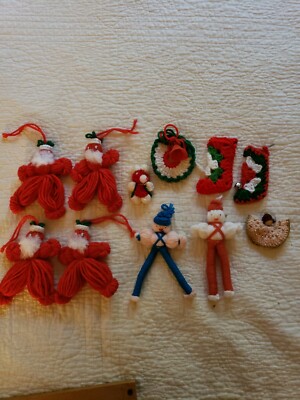 Lot of 11 Vintage Yarn Santa's~Granny Square Stocking & Misc Christmas Ornaments