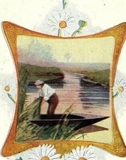 1909 Christmas Man In Boat Postcard Greetings Lake Scene Daisy Flowers