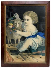 19th CENTURY GIRL & LAMB INNOCENCE CHROMOLITHOGRAPH 27" X 20.5" IN GLASS FRAME