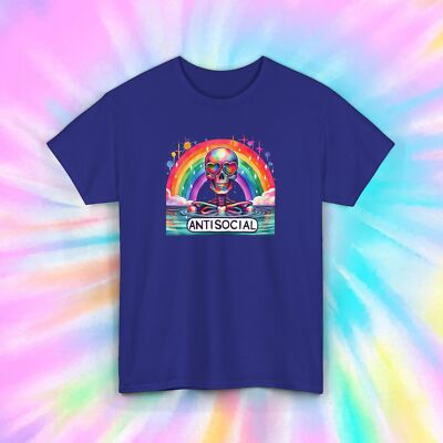 Antisocial Skull Rainbow Heart Glasses Funny Introvert Attitude Graphic T-Shirt
