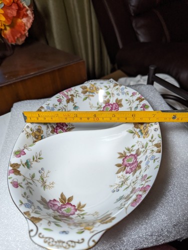 Sango Japan 11" Oval Handled Porcelain Divided Dish Carlton Pattern Gold Trim - Picture 9 of 10